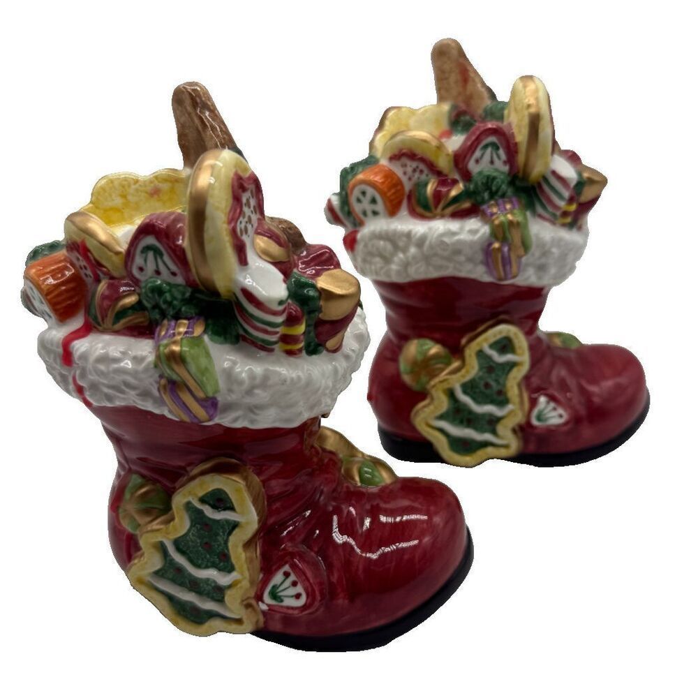 Fitz and Floyd Santa's Sweets Candy Cookies Boots Candleholders Set of 2